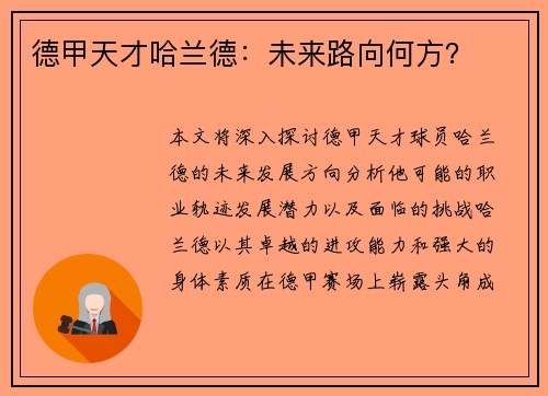 德甲天才哈兰德：未来路向何方？